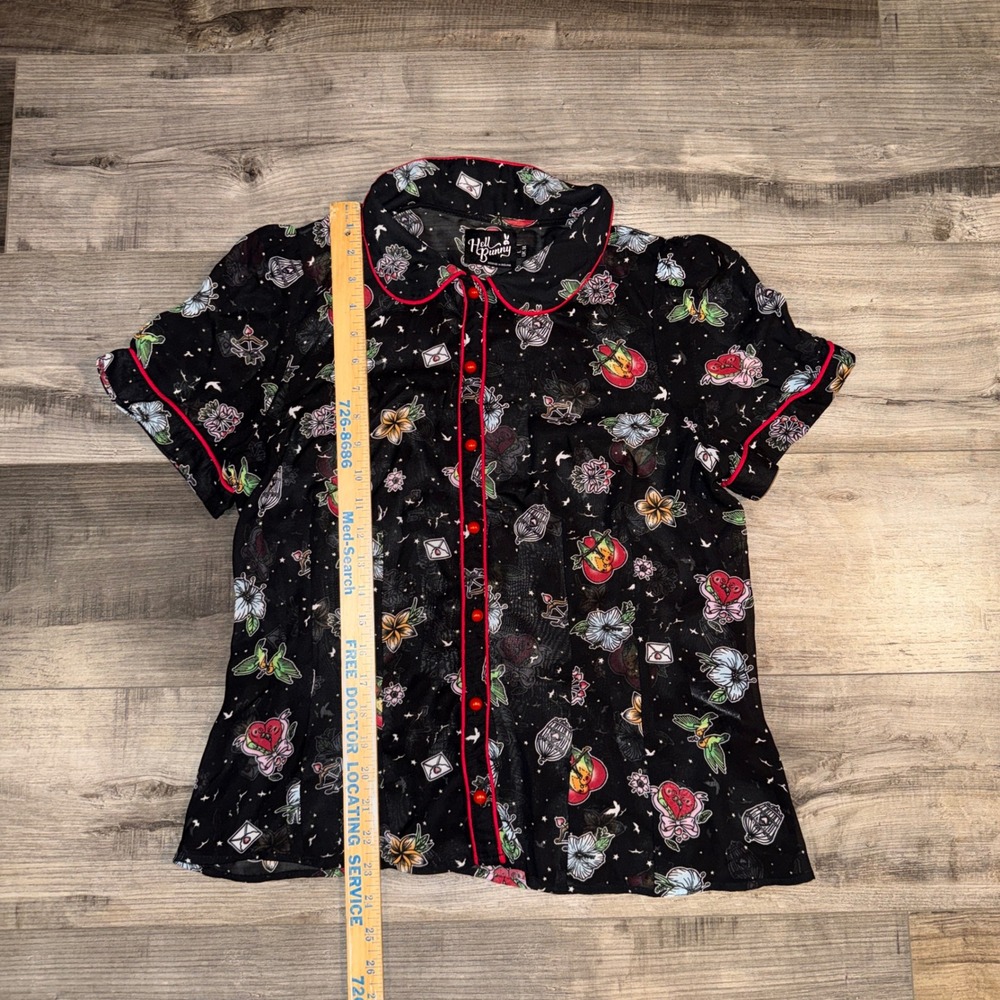 Hell Bunny Sheer Tattoo Print Button Up Blouse Black Pinup Rockabilly‎ - Picture 5 of 5